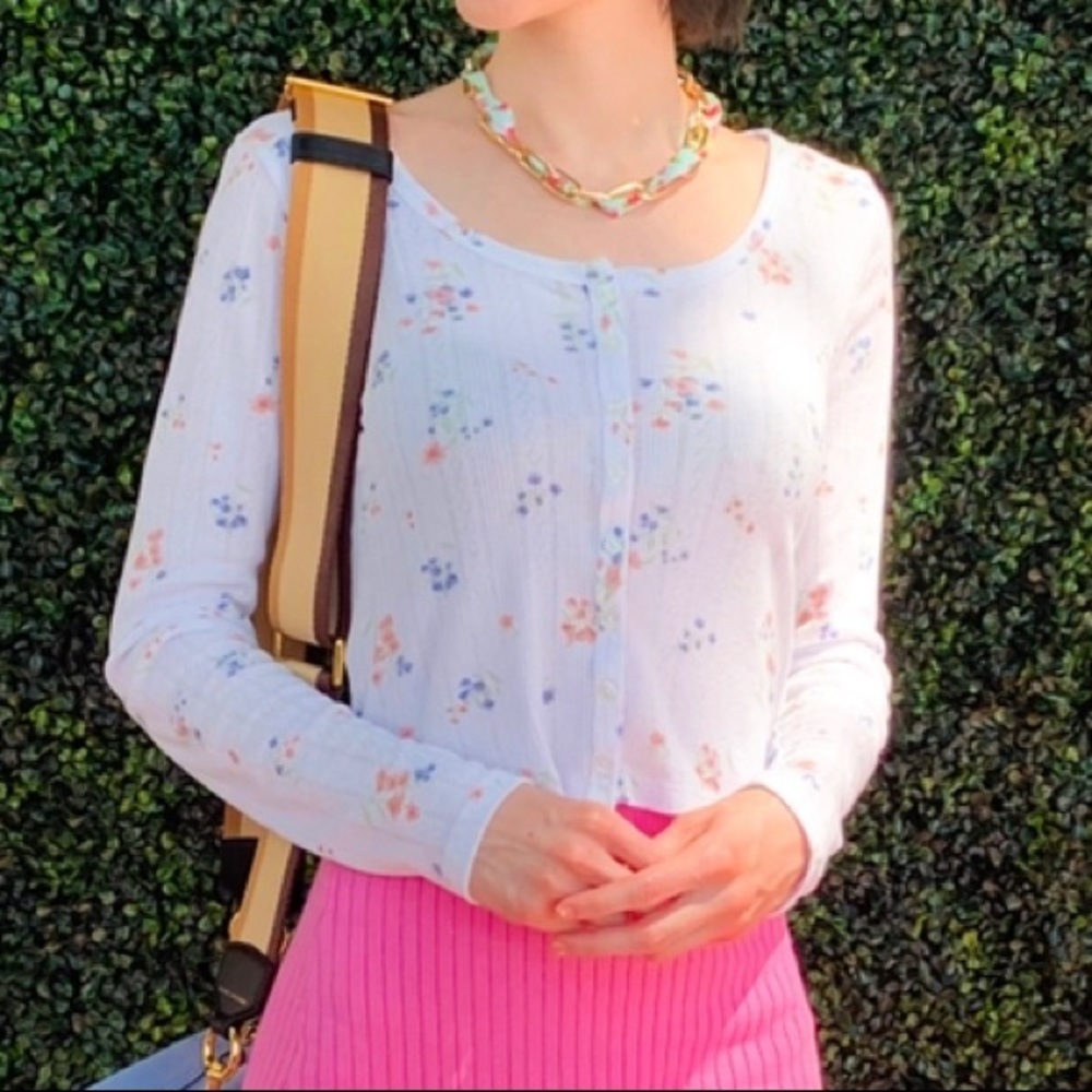 Pink Rose Floral Cardigan Top White XS